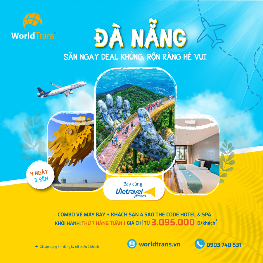 Combo du lịch Đà Nẵng vé máy bay khứ hồi + Khách sạn 4 sao chỉ 3.095.000đ/ khách